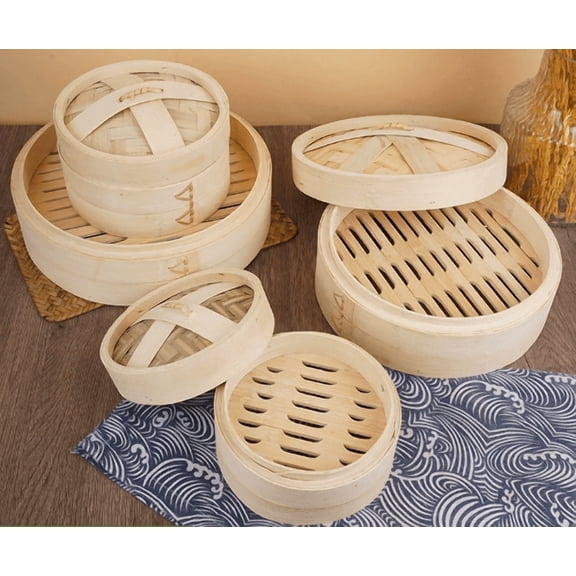 QUTETN Bamboo Steamer Basket with Lid, 4 Sizes 13/18/20/30cm, Natural Bamboo Food Steamer for Dim Sum, Buns & Dumplings