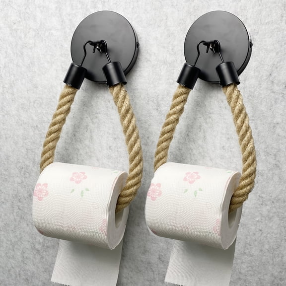 QUTETN Black Metal Rope Tissue Holder 2-Pack Wall-Mounted Hemp Rope Toilet Paper Roll Holder for Bathroom, Office, RV Rustic Farmhouse Decor Storage Hook Shelf