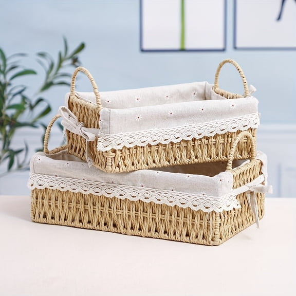 QUTETN Bohemian Vintage Rectangular Woven Storage Basket with Removable Liner & Side Handles – Breathable Paper Craft – For Home Organization, Shelf, Bathroom, Desktop – Large & Medium Sizes
