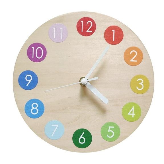 QUTETN Clock Wall Kids Clocks Decorative Learning Wooden Wood Farmhouse Silent Teaching Bedroom Hanging Time Round Room Rainbow
