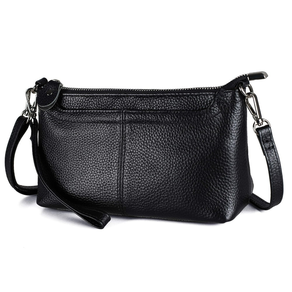 QUTETN Genuine Leather Wristlet Clutch Wallet Purses Small Crossbody Bags Shoulder Handbag for Women Silver Zipper