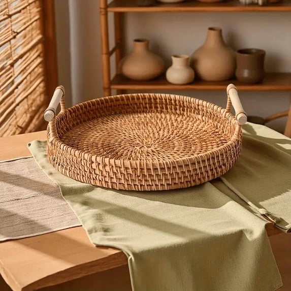 QUTETN Handwoven Rattan Tray with Dual Handles – Round Heat-Resistant Serving Tray for Fruit, Bread, Snacks, Tea – Home Decor & Storage Basket