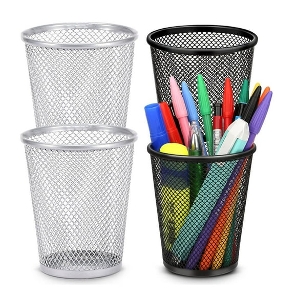 QUTETN Pen Holder for Desk Pencil Holder for Desk 4 Pack Pencil Cup for Pen Mesh Metal Pen Organizer for Desk Black Desk Pen Holder-Black+Silver