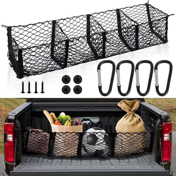 QUTETN Pickup Truck Cargo Net with 4 Pockets – Elastic Mesh Storage Organizer for Truck Bed, Trunk or SUV – Includes Carabiners & Mounting Hardware – Black, 47.2” x 11.8”