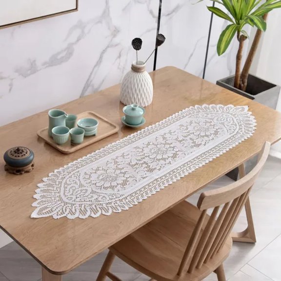 QUTETN Rectangular Lace Table Runner White Cotton Table Dresser for Dining Coffee Tea End Tables Doilies Cover Home Wedding Party Decor