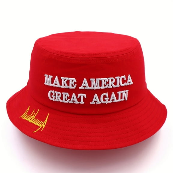 QUTETN Trendy Cool Bright Red Bucket Hat  Embroidery Make America Great Again Fisherman Hat  Sun Hat For Casual Leisure Outdoor Sports Independence Day