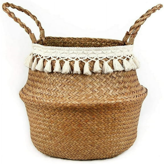 QUTETN Woven Seagrass Plant Basket - Wicker Belly Basket Planter Indoor with Plastic Liner and Handles Natural Plant Pot for Fiddle Leaf Fig Tree Snake Plant and Monster