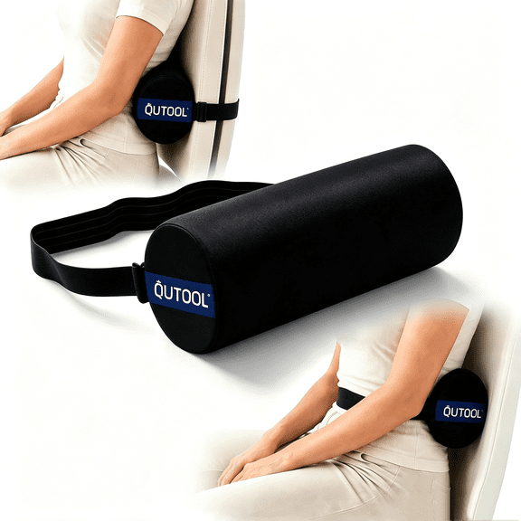 QUTOOL Lumbar Roll Pillow for Office Chair and Car Seat, Memory Foam Lower Back Support with Adjustable Strap, Black