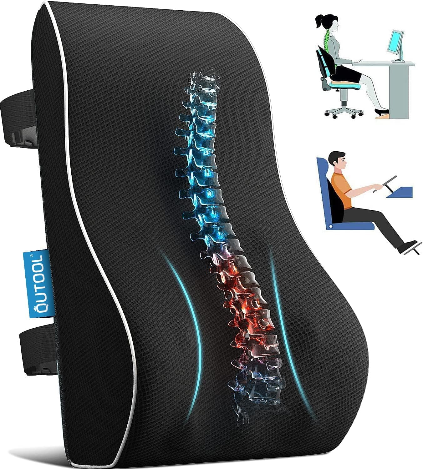 Qutool Lumbar Support Pillow for Office & Car, Ergonomic Memory Foam Back Cushion, Large Size Wedge Backrest, Black