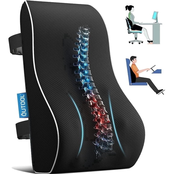 Qutool Lumbar Support Pillow for Office & Car, Ergonomic Memory Foam Back Cushion, Large Size Wedge Backrest, Black