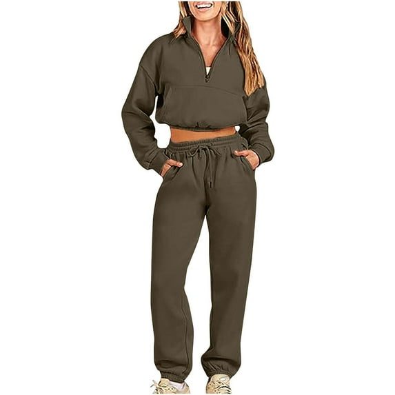 QUYUON 2 Piece Cropped Sweatsuits for Women Half Zip Sweatshirt and Drawstring Elastic Waist Joggers Pants Sets Solid Long Sleeve Pullover Tops and Sweatpants Two Piece Lounge Set Army Green XL