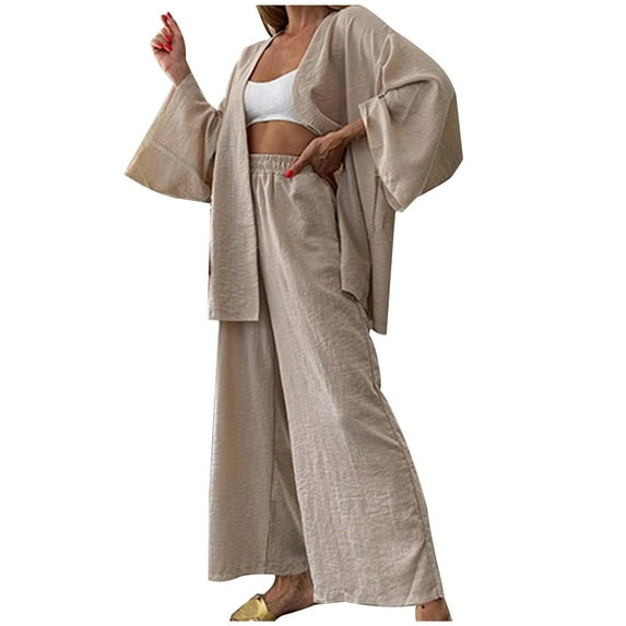 QUYUON 2 Piece Linen Outfits for Women Winter Long Sleeve Open Front Cardigans Jackets and Wide Leg Pants Sets Two Piece High Waist Pants with Pockets Loungewear Matching Set Beige L
