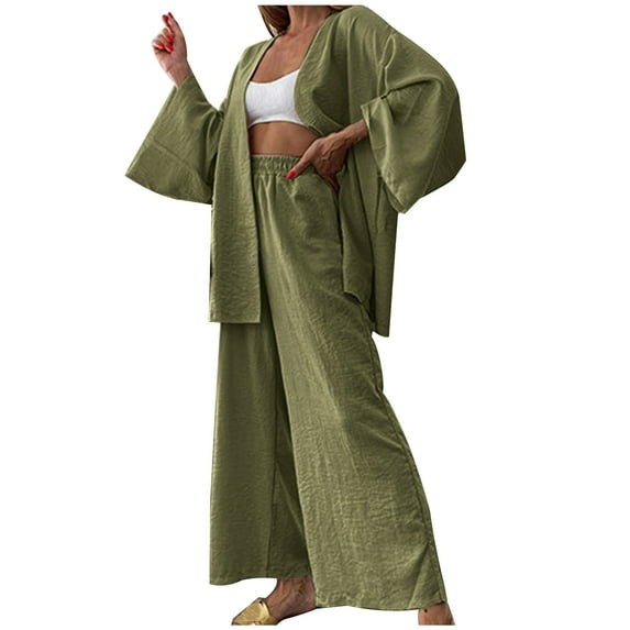QUYUON 2 Piece Linen Outfits for Women Winter Long Sleeve Open Front Cardigans Jackets and Wide Leg Pants Sets Two Piece High Waist Pants with Pockets Loungewear Matching Set Green L