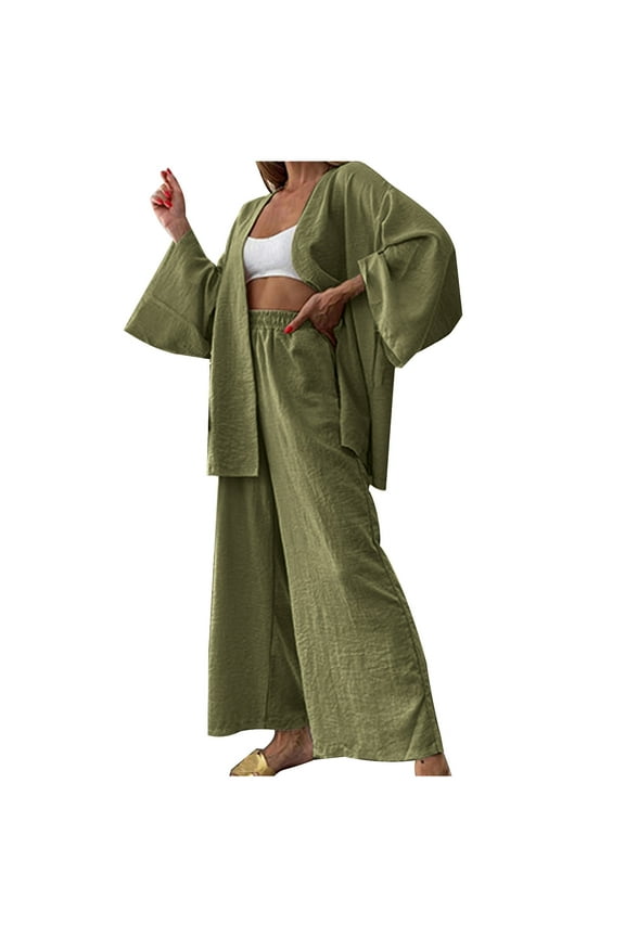 2 Piece Linen Outfits for Women Winter Long Sleeve Open Front Cardigans Jackets and Wide Leg Pants Sets Two Piece High Waist Pants with Pockets Loungewear Matching Set Green XL