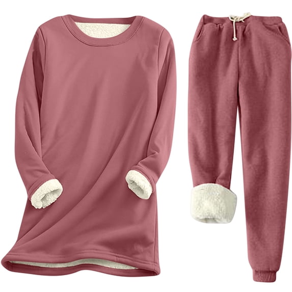 QUYUON 2 Piece Outfits Women Joggers Sets Two Piece Lounge Set Solid Fleece Lined Long Sleeve Crew Neck Pullover Sweatshirt and Drawstring Jogging Pants Sets Y-4-Red XXL