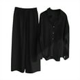 thumbnail image 1 of QUYUON 2 Piece Outfits for Women Pants Sets Women’s Plus Size Long Sleeve Button-Down Blouse Shirt Pockets Linen Wide Leg Long Pants Lounge Sets Two Piece Outfits Loungewear Black 3XL, 1 of 8