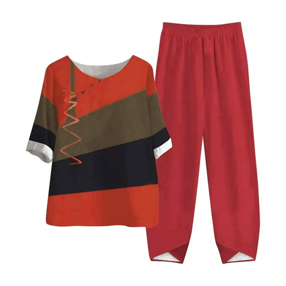 QUYUON 2 Piece Summer Outfits for Women Color Block Contrast Button Short Sleeve T-Shirt and Pants Two Piece Set Crew Neck Loose Blouse Tops Elastic Waist Long Pants Lounge Sets B-Red 5XL