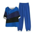 thumbnail image 1 of QUYUON 2 Piece Summer Outfits for Women Color Block Contrast Button Short Sleeve T-Shirt and Pants Two Piece Set Crew Neck Loose Blouse Tops Elastic Waist Long Pants Lounge Sets B-Blue XL, 1 of 7