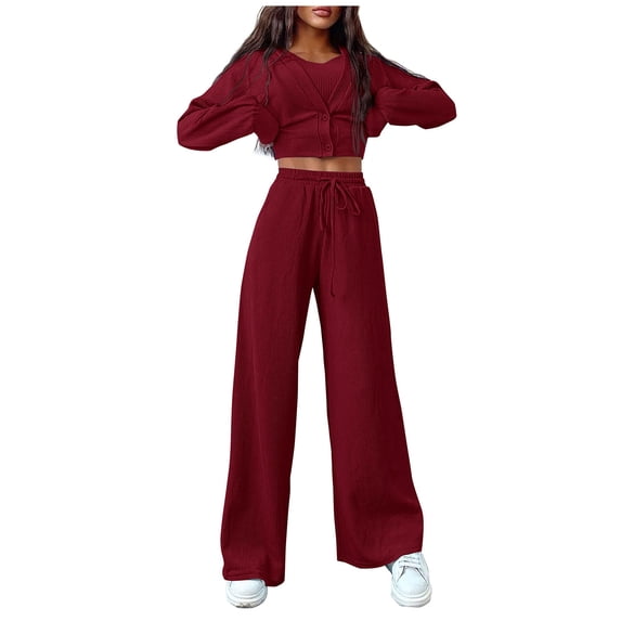 QUYUON 3 Piece Outfits for Women Fall Long Sleeve Ribbed Knit Cardigan Crop Jackets Solid Color V-Neck Sleeveless Tank Tops Pants Sets Drawstring Elastic High Waist Track Suits Matching Sets Wine M