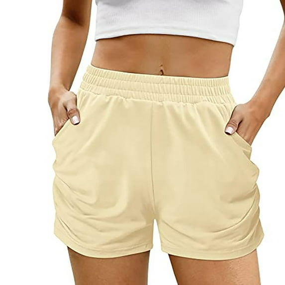 QUYUON Athletic Shorts for Women Workout Yoga Running Shorts with Pockets Drawstring Elastic Waist Cotton Sports Shorts Dolphin Shorts Style S-55 Biker Shorts Comfy Pull On Short Pants , Beige S