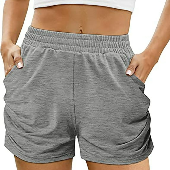 QUYUON Athletic Shorts for Women Workout Yoga Running Shorts with Pockets Drawstring Elastic Waist Cotton Sports Shorts Dolphin Shorts Style S-55 Biker Shorts Comfy Pull On Short Pants , Gray XXL