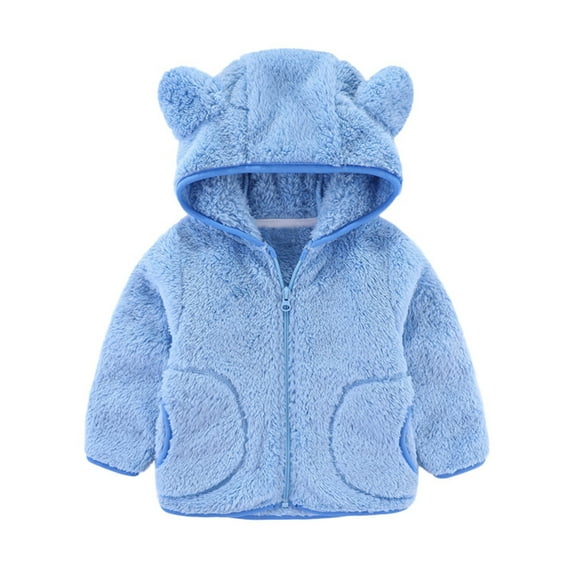 QUYUON Baby Boy Jackets Sale Long Sleeve Fleece Jacket Kids Baby Warm Girls Boys Flannel Winter Fleece Jackets Sweatshirt Hooded Sky Blue 1T-2T