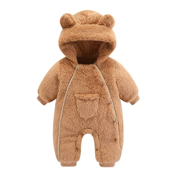 QUYUON Baby Fleece Jumpsuit Winter Warm Fleece Lined One-Piece Rompers Infant Boys Girls Zipper Front Long Sleeve Pockets Fleece Bodysuits Fall Outfits Khaki 12 Months