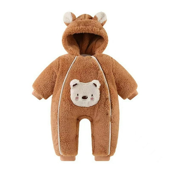 QUYUON Baby Fleece Jumpsuits - Newborn Infant Boys Girls Hooded Fleece Rompers Warm Long Sleeve Hooded Neck One-Piece Rompers Winter Clothes Brown 3 Months