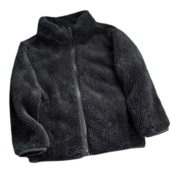 QUYUON Baby Girls Fleece Jacket, Kids Lightweight Full Zip up Jackets Soft Long Sleeve Stand Collar Fleece Lined Warm Winter Coats Outerwear Black 4T-5T