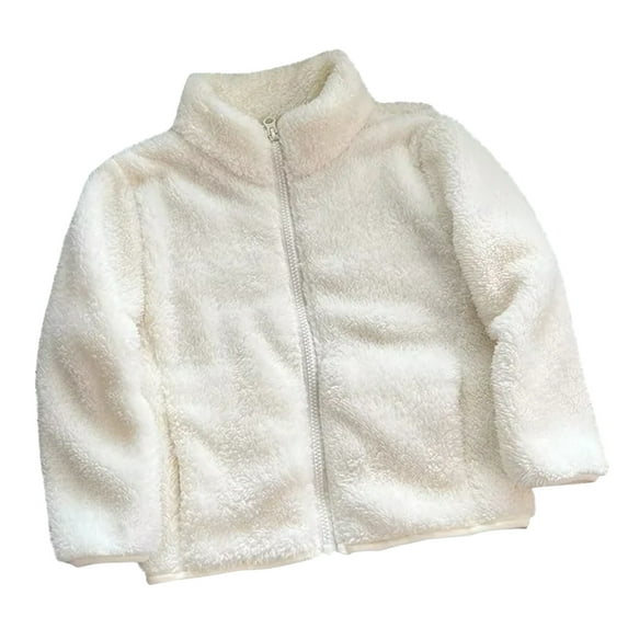 QUYUON Baby Girls Fleece Jacket, Kids Lightweight Full Zip up Jackets Soft Long Sleeve Stand Collar Fleece Lined Warm Winter Coats Outerwear White 4T-5T