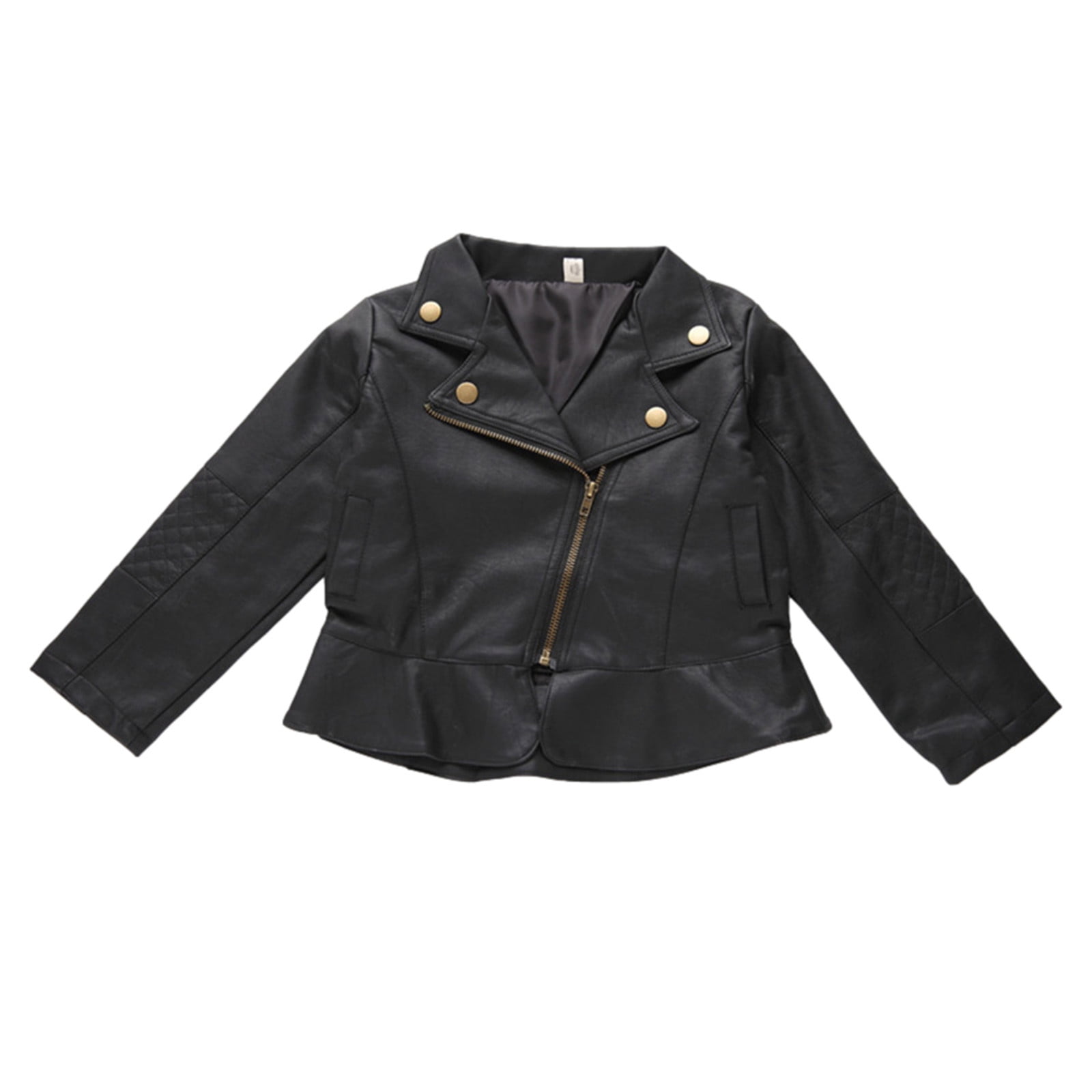 QUYUON Baby Puffer Jacket Sale Long Sleeve Faux Leather Jacket Baby Girls Kids Outfits Spring Faux Leather Lapel Jacket Zipper Outerwear Coat Black 3T-4T