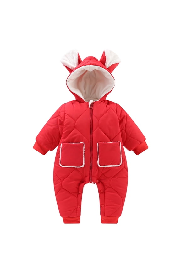 Baby Winter Rompers Thicken Warm Fleece Lined Hooded Jumpsuits Zipper Front Pockets Long Sleeve Quilted Lightweight Puffer Jackets Coat One-Piece Rompers Snap Closure Red 6 Months