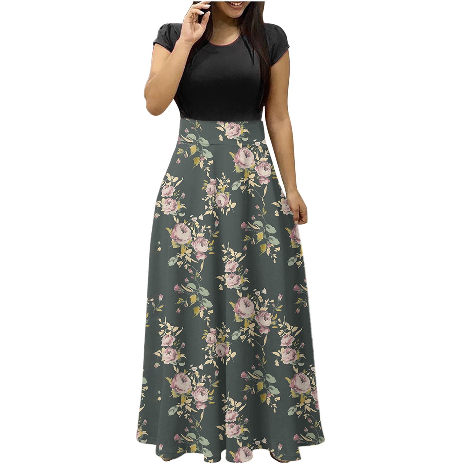 QUYUON Beach Maxi Dress for Women Summer Short Sleeve Crew Neck T-Shirt Long  Dresses Casual Flowy Sun Dress Pleated A-Line Cocktail Party Maxi Long Dress  Dark Gray_J M - Walmart.com