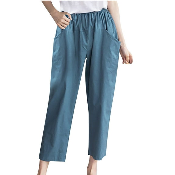 QUYUON Beach Pants for Women Solid Color Pants Loose Casual Double Pocket Capris Beach Pants Full Pant Leg Length Trousers Pant Style N-5053 Blue XXL