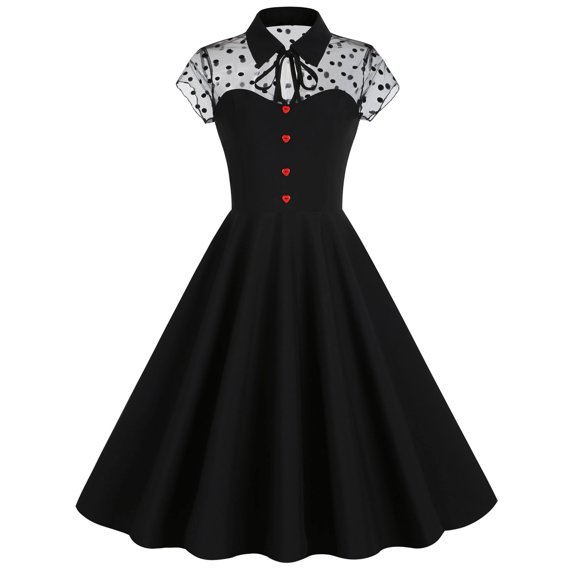 QUYUON Black Cocktail Dresses for Women Evening Party Knee Length Dress Floral Lace Mesh Lapel Neck Short Sleeve Shirt Dress Tie Knot Button Front Pleated A-Line Swing Dress Style D-1518 Dark Blue XL