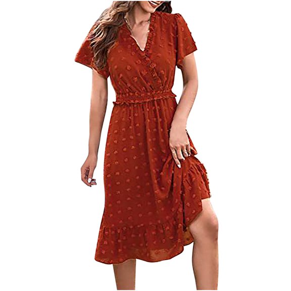 QUYUON Boho Midi Dress for Women, Summer Faux Wrap V-Neck Short Sleeve Ruffle Dresses Casual Loose Swing A-Line Mid-Length Dress Evening Party Cocktail Dresses Beach Sundress, Orange XL