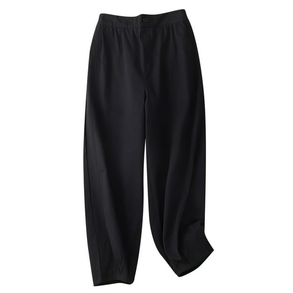 QUYUON Boho Pants for Women Sale Solid Color Casual Loose Button Cotton Linen Crop Pants Yoga Pants Women Long Pant Leg Length Activewear Style P3376 Black 3XL
