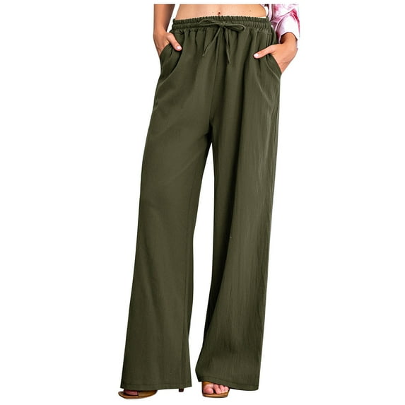 QUYUON Boho Pants for Women Solid Color Elastic Waist Cotton Linen Dressy Pants Straight Tube Casual Wide Leg Pants Yoga Pants Women Full Pant Leg Length Trousers Pant Style N-757 Army Green XL