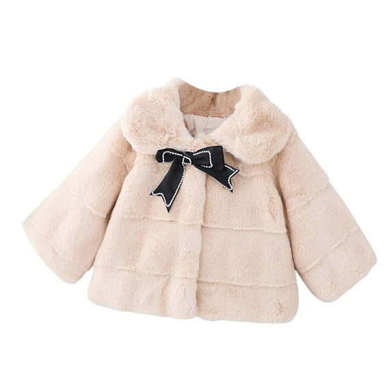 QUYUON Boys Winter Coat Clearance Long Sleeve Fleece Jacket Winter Baby Girls Bow Decoration Plush Warm Cotton Coat Khaki 2T-3T