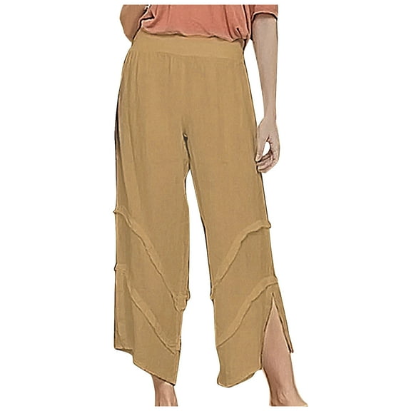 QUYUON Business Casual Pants for Women Fashion Retro Mid Waist Cotton Linen Plain Ribbon Pocket Loose Bloomers Jogger Pants for Women Full Pant Leg Length Track Pants Pant Style N-737 Khaki XXL