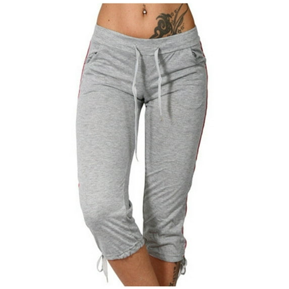 QUYUON Capris for Women Casual Summer High Waisted Workout Running Yoga Leggings with Pockets Drawstring Elastic Waist Pull on Pants Slim Fit Cropped Jogger Sweatpants Gray