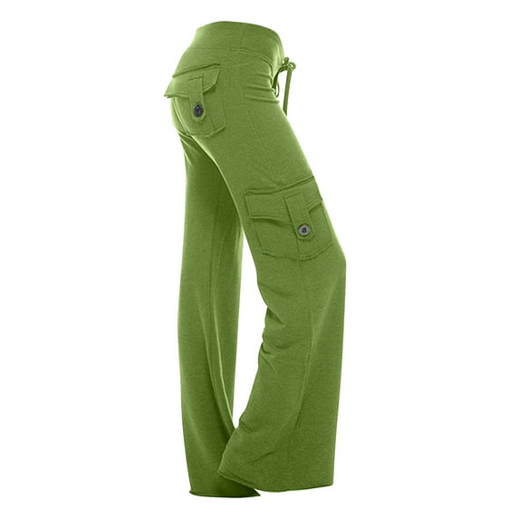 QUYUON Cargo Pants Women Button Pocket High Waisted Workout Leggings Bootcut Yoga Pants Drawstring Pull on Pants Loose fitted Casual Lounge Trousers Full Length Pants Green-A M