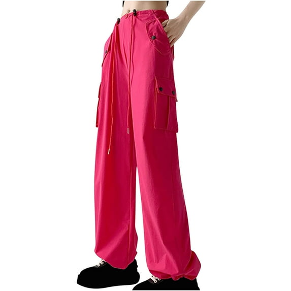 QUYUON Cargo Pants Women High Waist Vintage Print Women Low Waisted Straight Tube Slimming Pants Joggers Pants for Women Long Pant Leg Length Jegging Pant Style N-4552 Hot Pink M
