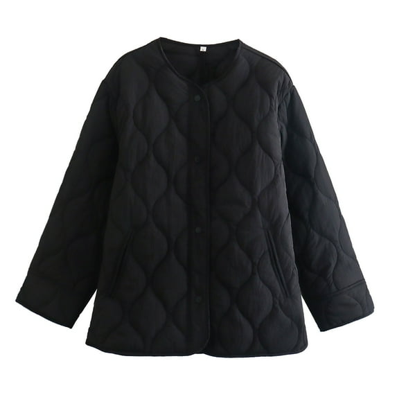 QUYUON Casual Quilted Lightweight Jackets Women Winter Long Sleeve Crew Neck Puffer Jacket Snap Button Closure Warm Padded Down Coat Tops Outerwear with Pockets Style C-19 Black M