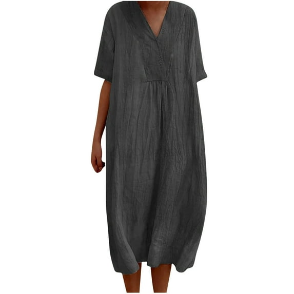QUYUON Casual Summer Linen Dresses for Women V-Neck Short Sleeve Midi Dress Solid Color Loose Flowy A-Line Tunic Dress Mid-Length Dress Wedding Guest Evening Party Dress Style D-7123 Dark Gray M
