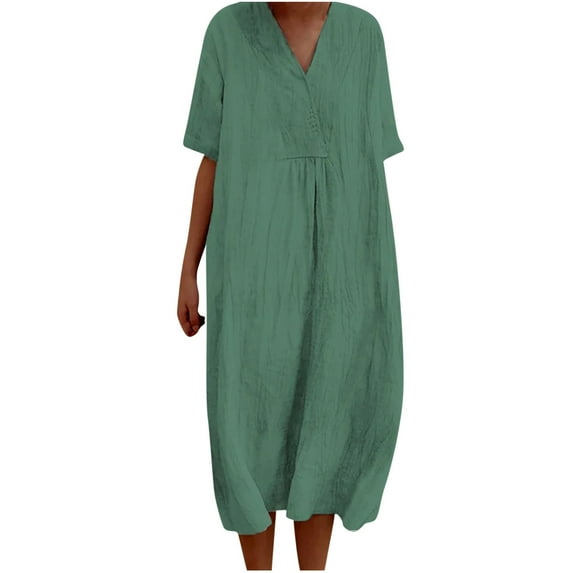 QUYUON Casual Summer Linen Dresses for Women V-Neck Short Sleeve Midi Dress Solid Color Loose Flowy A-Line Tunic Dress Mid-Length Dress Wedding Guest Evening Party Dress Style D-7134 Green S