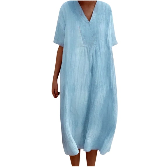 QUYUON Casual Summer Linen Dresses for Women V-Neck Short Sleeve Midi Dress Solid Color Loose Flowy A-Line Tunic Dress Mid-Length Dress Wedding Guest Evening Party Dress Style D-7117 Light Blue M