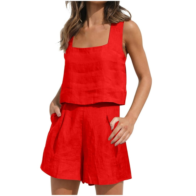 Womens 2 Piece Outfits Lounge Matching Sets Two Piece Linen Shorts