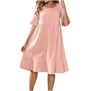 QUYUON Cocktail Dresses Plus Size Clearance Casual Round Neck Cotton Linen Solid Color Short Sleeve Dress House Dresses Women with Pockets Knee Length T-Shirt Dress Style D-7609 Pink XXL