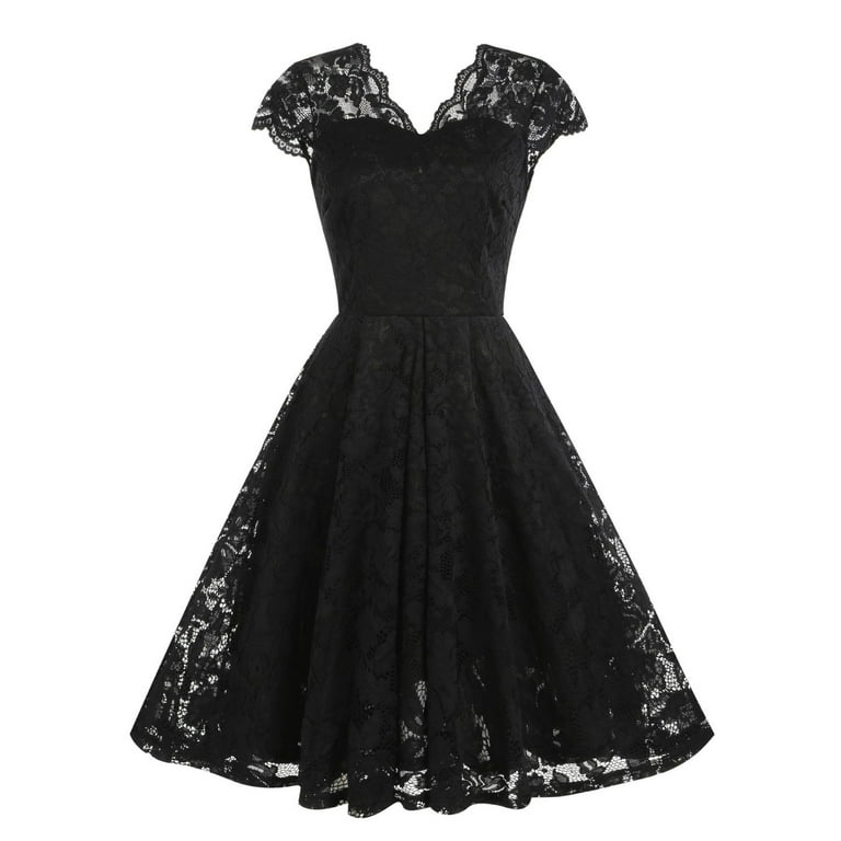 QUYUON Black Floral Lace Midi Dress - Cocktail/Evening Party